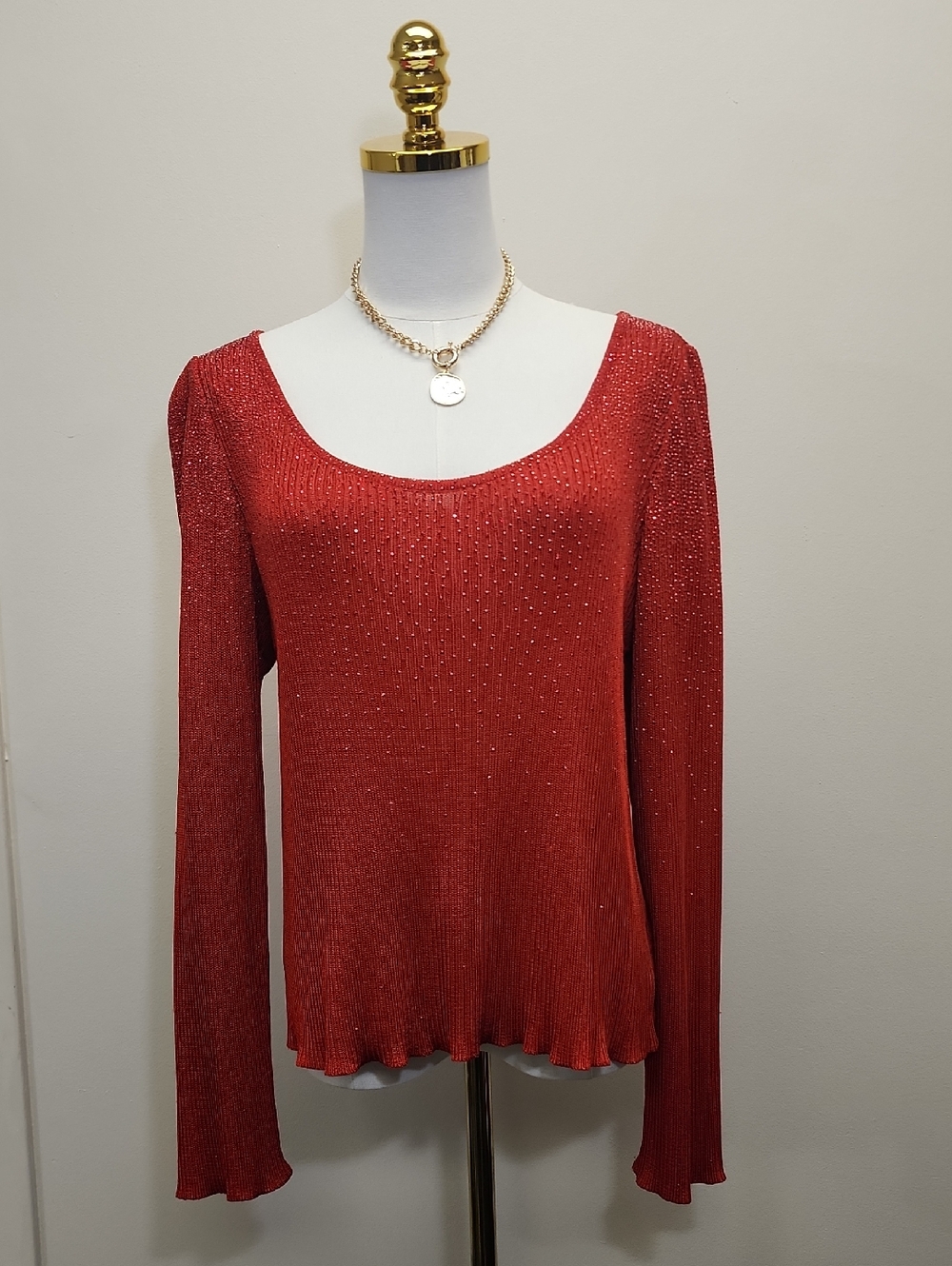 St. John Red Metallic Knit Scoop Neck Long Sleeve Top Size Large